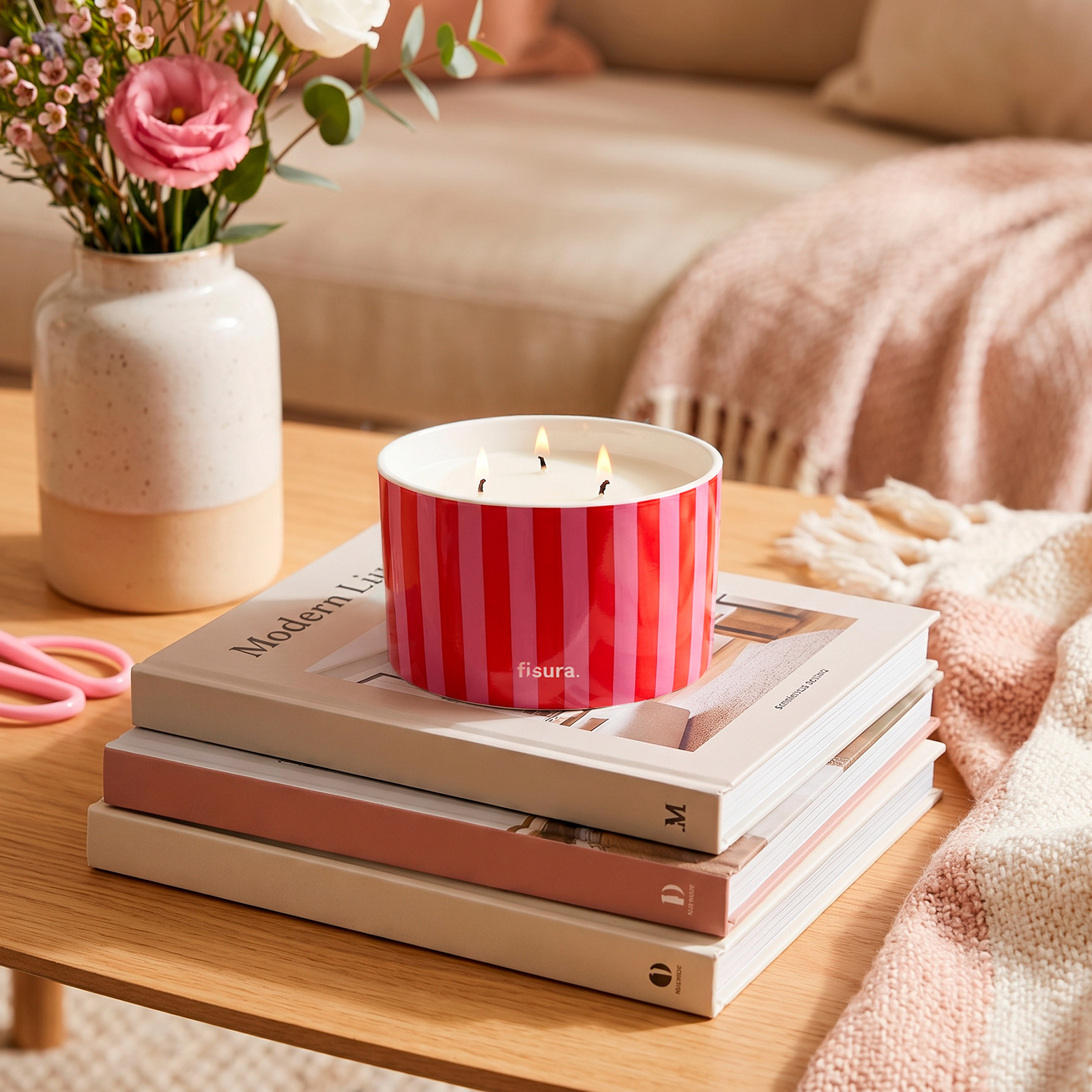 Ceramic candle RED & PINK STRIPES framboise scent