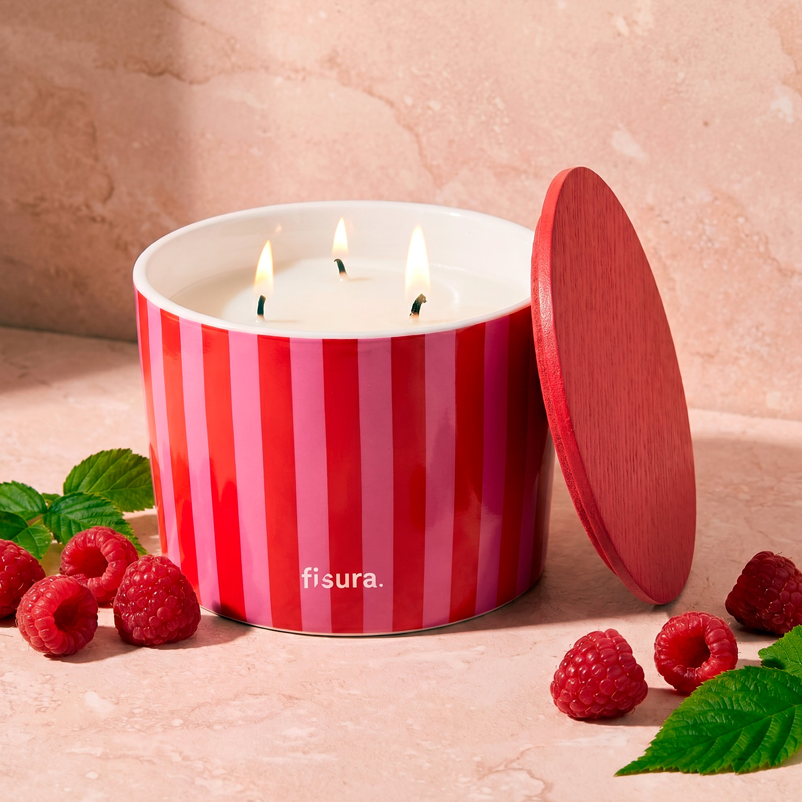 Ceramic candle RED & PINK STRIPES framboise scent