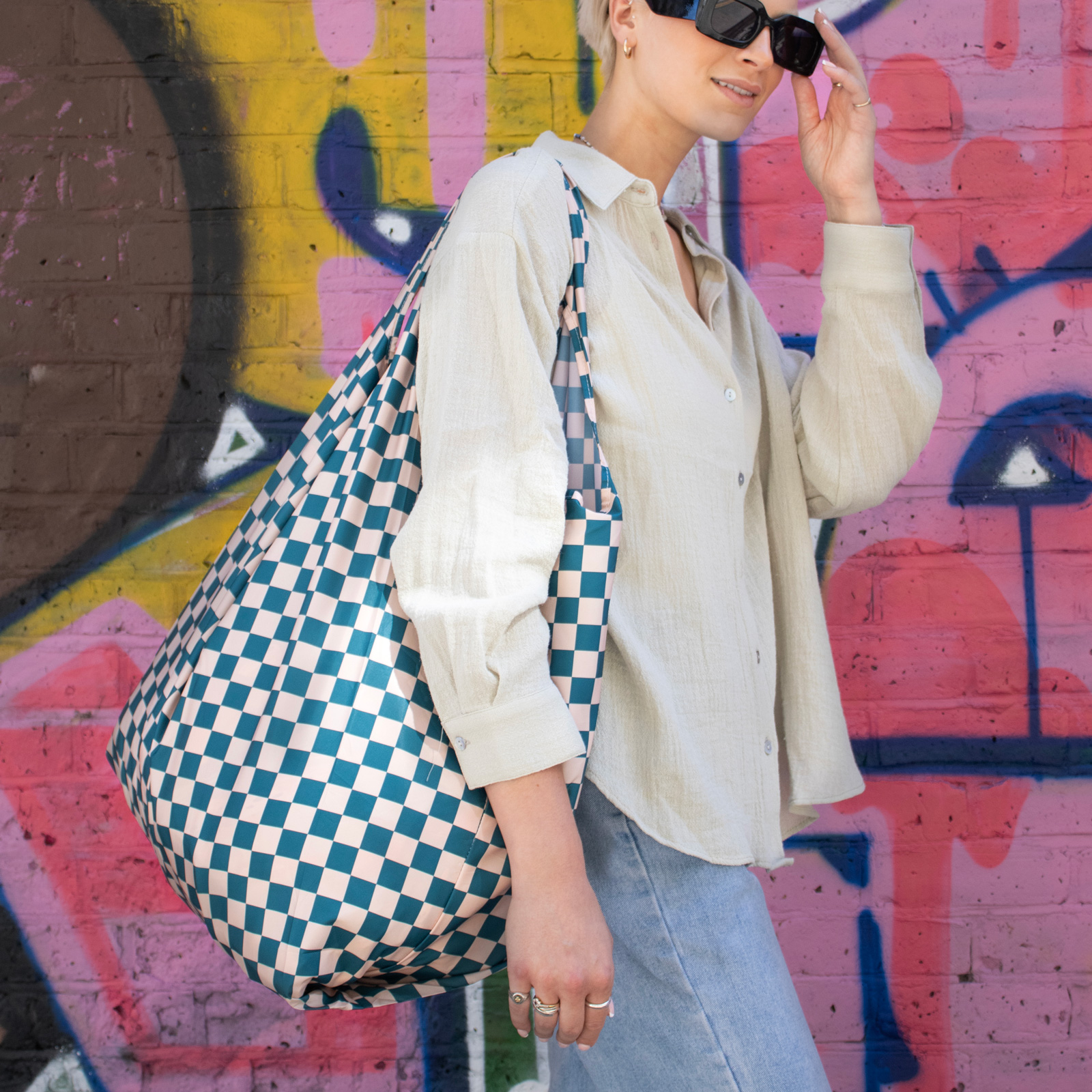 XL Bag Checkerb. Teal & Beige 