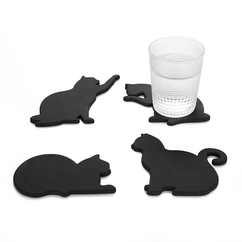 Glas-Untersetzer CAT 4er Set schwarz magnetisch, aus Silikon