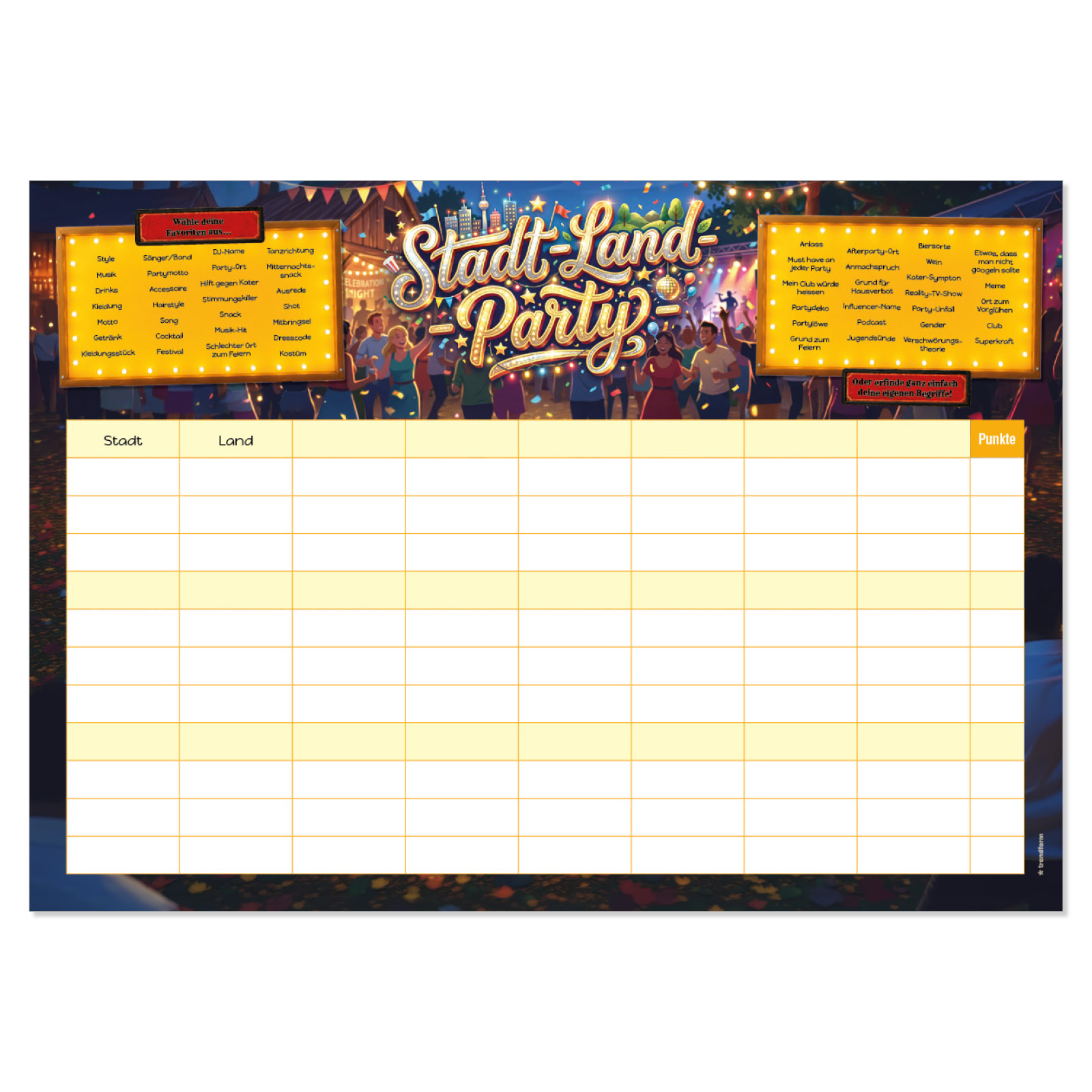 Papiertischset STADT-LAND-PARTY 50er Set Block mit 50 Blatt