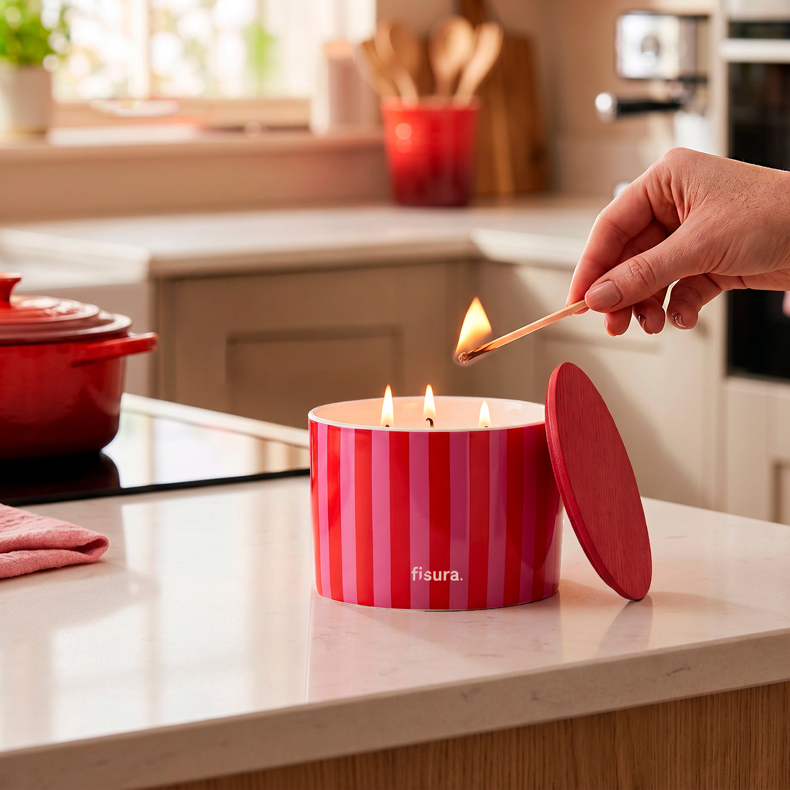 Ceramic candle RED & PINK STRIPES framboise scent