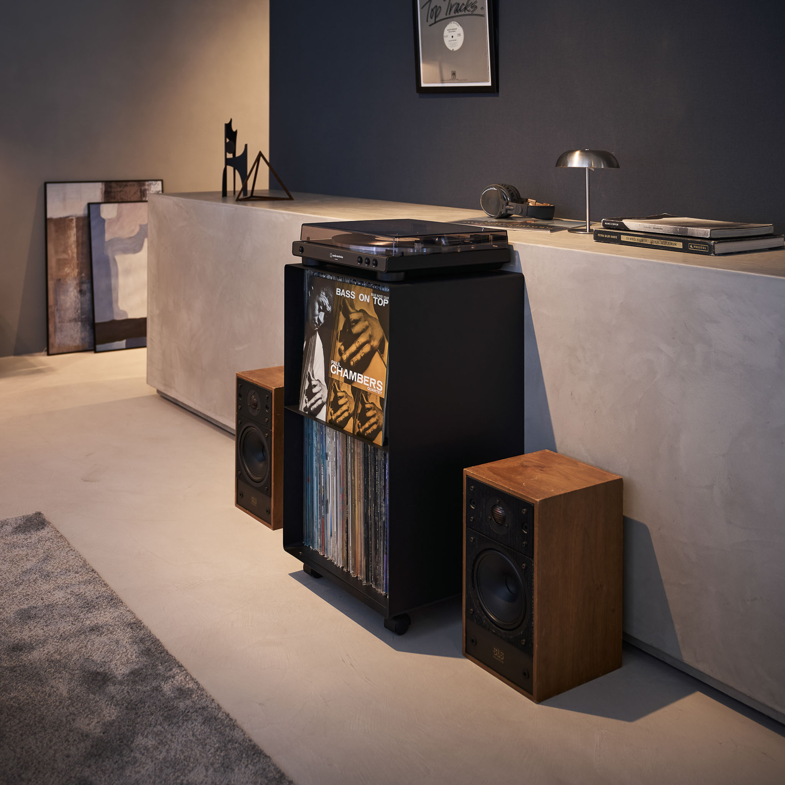 2-stöckiges Schallplatten-Regal mit Rollen TOWER schwarz